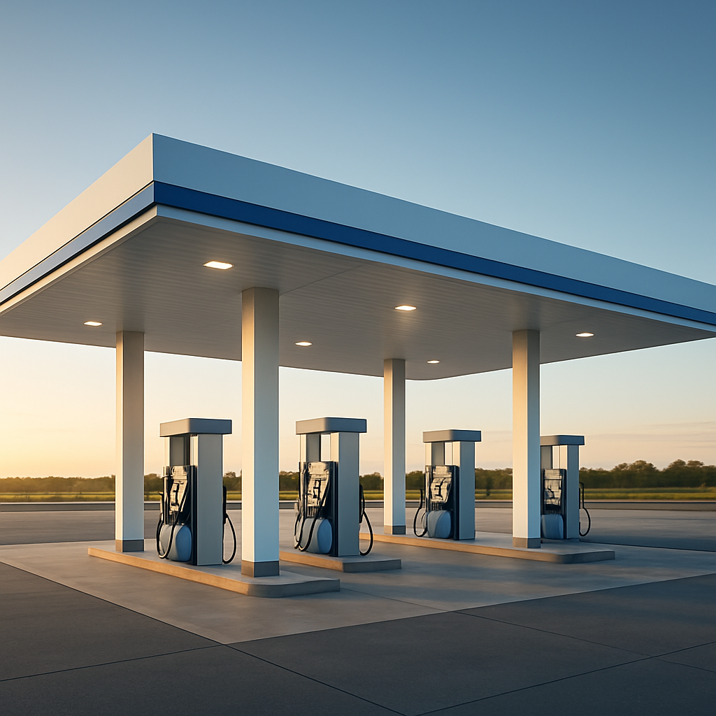 Modern fuel station forecourt with dispensers under a canopy